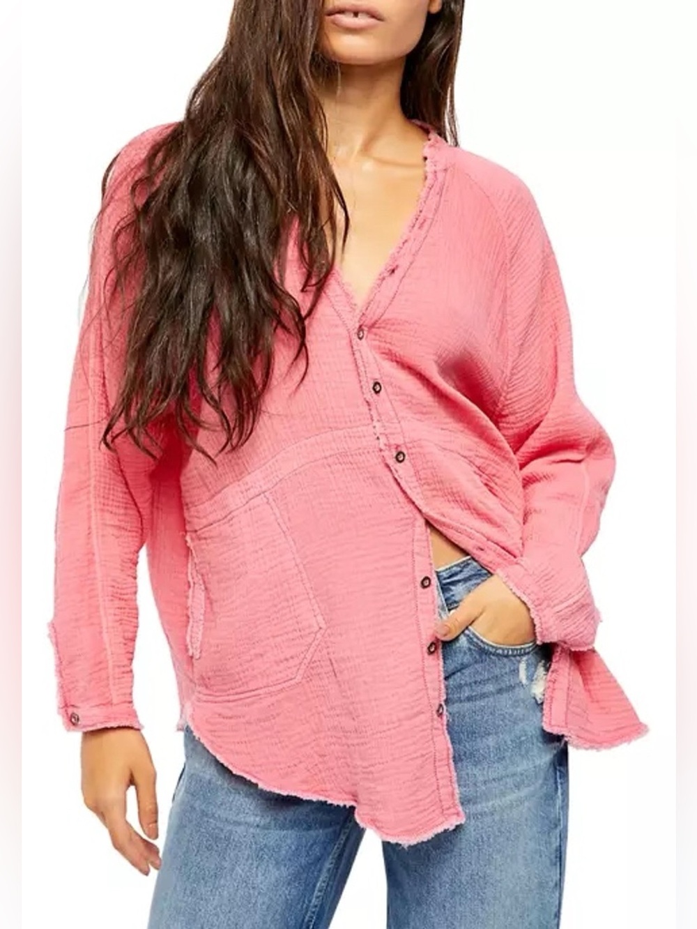 Free People We The Free summer daydream Bright Pink button down tunic blouse